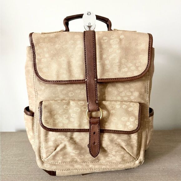 Lucky Brand Handbags - Lucky Brand Cotton Canvas Leather Backpack in Tan Pebble Print